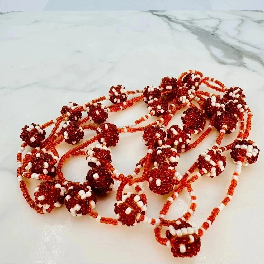 Vintage Beaded Station Necklace Very Long 62” Burnt Orange Polka Dot Est…